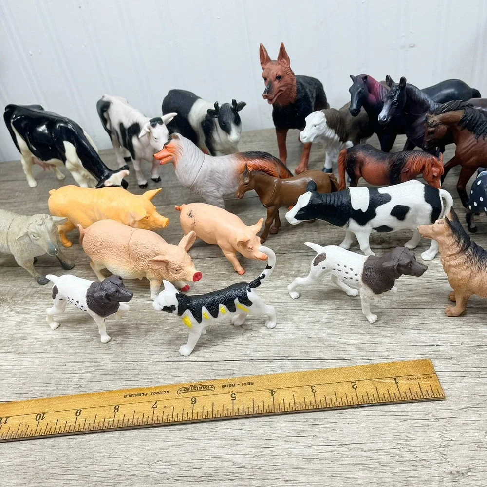 Vintage Safari Ltd Farm Animal Figurine Lot Horses Cows Pigs Dogs 19pc Mixed Set